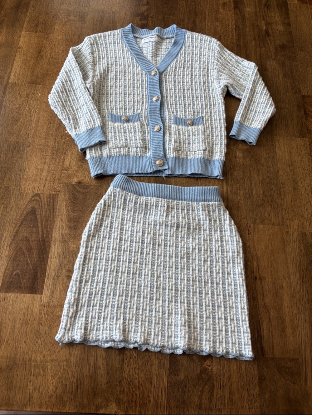 Girls White & Light Blue Knit Cardigan and Skirt Set